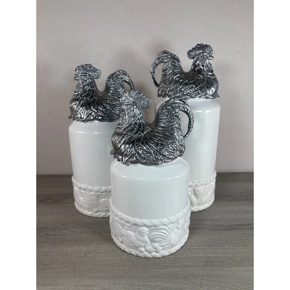 Arthur Court White Canisters with Design and‎ Aluminum Roosters 2004 Set of 3